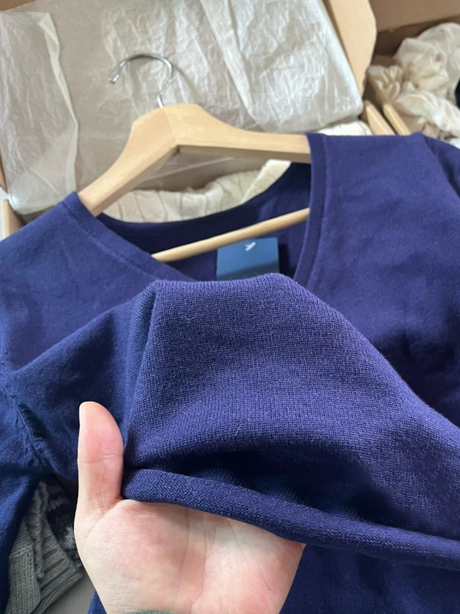 New Navy Lace-up Knitted Long Sleeve T-shirt Cardigan Women Autumn V-neck Casual Smock Wrap Tees American Vintage Crop Tops Y2K