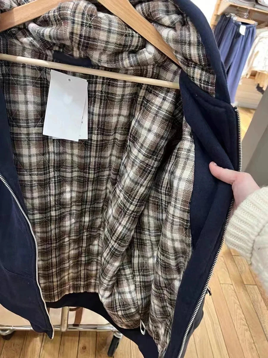 Vintage Plaid Print Thick Hoodie Coat Women Autumn Pockets Zip-up Drawstring Classic Pullover Tops Harajuku Y2K Chic Sweatshirts