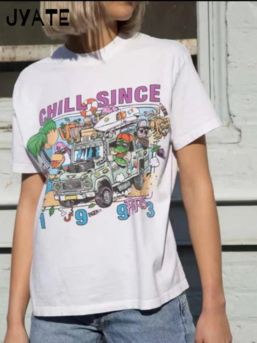 American Cartoon Print Loose T-shirts Women Summer New O-neck Cotton Casual Cute Short Sleeve Tee Harajuku Vintage Chic Tops Y2K