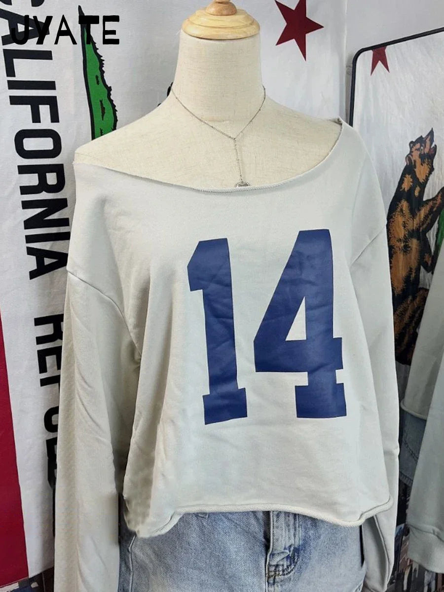 Fashion 14 Print Slash Neck Long Sleeve Tees Women New Cotton Crimping Preppy Style Loose Tops Vintage Chic Sweet T-shirts Y2K