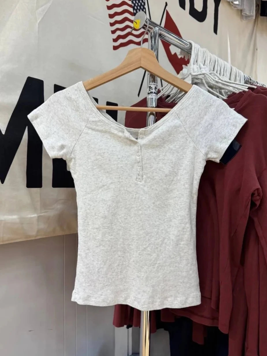Blue Striped Button T-shirts Women Cotton Slim Preppy Style Simple Crew Neck Short Sleeve Tees Sweet Cute Fashion Y2K Tshirts