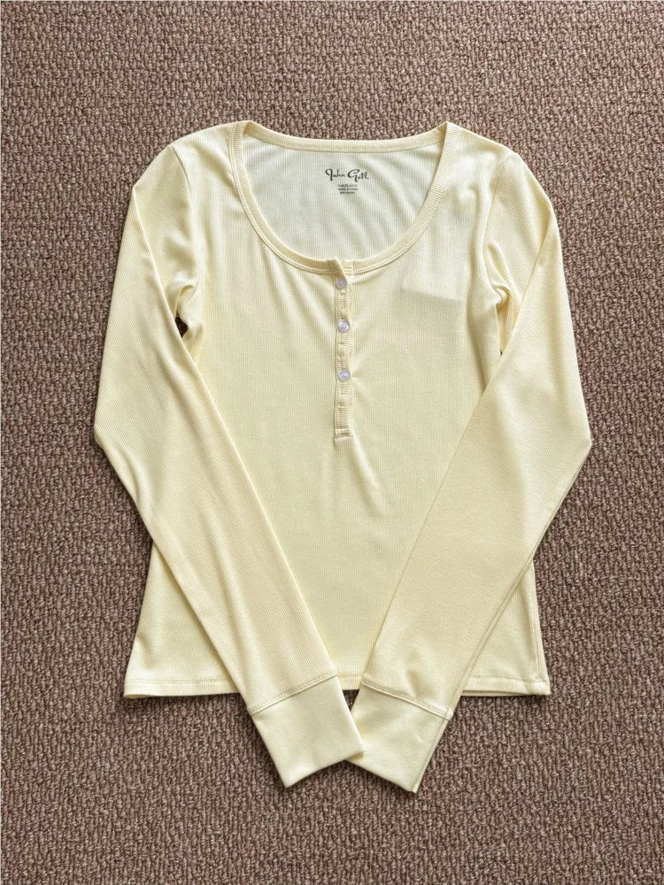 Yellow Ribbed Buttons T-shirt Women Buttons O-Neck Cotton Slim Long Sleeve Tee Cute Vintage Preppy Style Sweet T Shirt Y2K Top