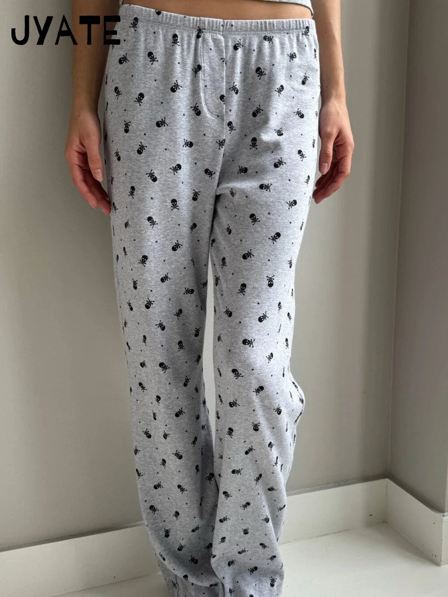 Skull Print Cotton Soft Long Pants Women New Harajuku Casual Elastic High Waist Pajama Straight Pant Vintage Chic Y2K Trousers