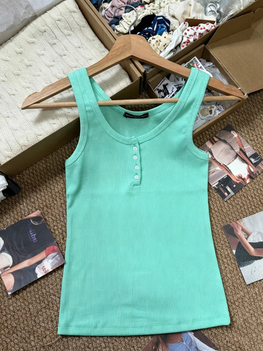 Solid Ribbed Slim Tank Tops Women Streetwear Simple Basic Cotton Buttons Sleeveless Top Female Casual Sweet All-match Y2k Vest