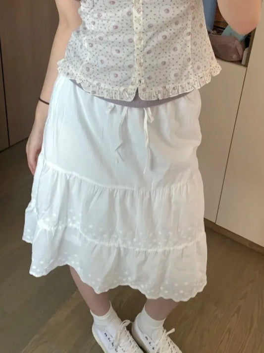 Floral Embroidery Lace Trim Midi Skirt Women White Waist Lace-up Ruffle A-line Faldas Sweet Casual Preppy Style Short Skirts