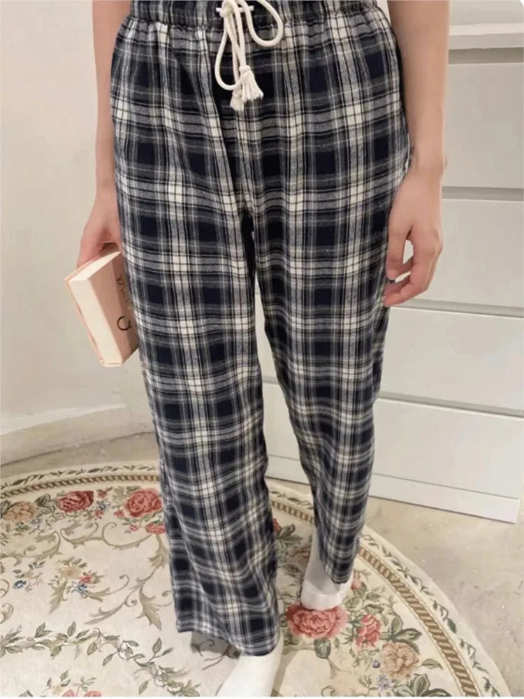Vintage Plaid Drawstring Sweatpants Women New Cotton Elastic Waist Straight Baggy Comfort Pants Casual Sweet Sports Trousers Y2K