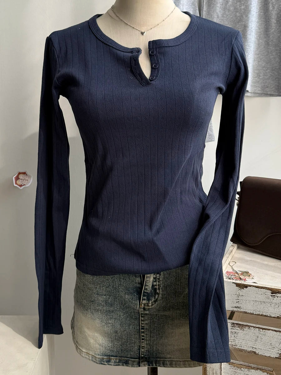 Eyelet Slim Long Sleeve T-shirt Women Simple Basic Preppy Style Buttons O-neck Cotton Tee Shirts Cute Vintage Sweet Tops