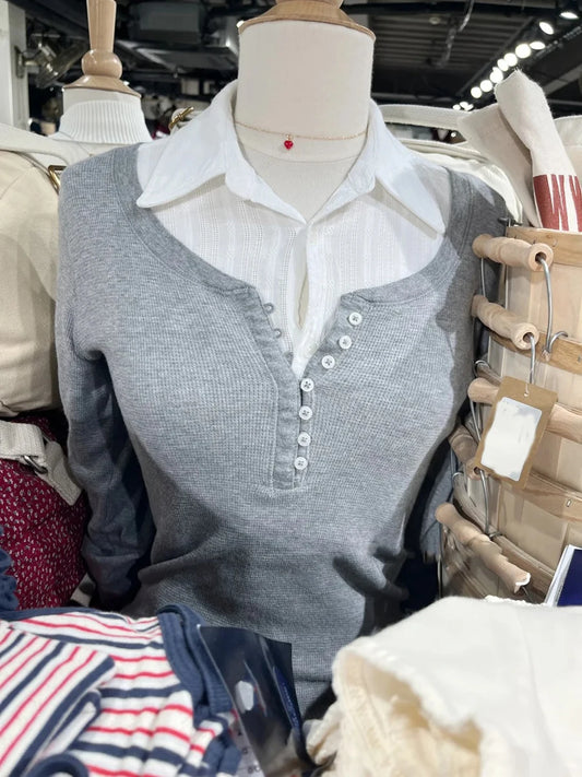 Waffle Button Gray Long Sleeve Tee Women Autumn Cotton Buttons Slim TShirt Zelly Tops Shoujo Clothes Simple Basic Sweet T-shirts