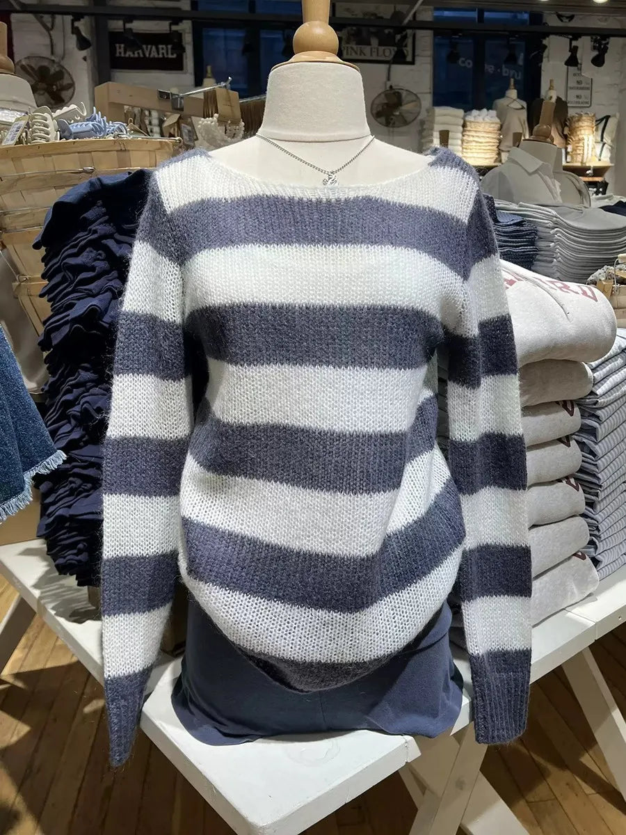 Vintage Striped Hollow Out Mohair Long Sleeve T-Shirt Women Sweetwear Scoop Neck Cotton Thin Smock Sweet Cute Tee Shirt Tops Y2K