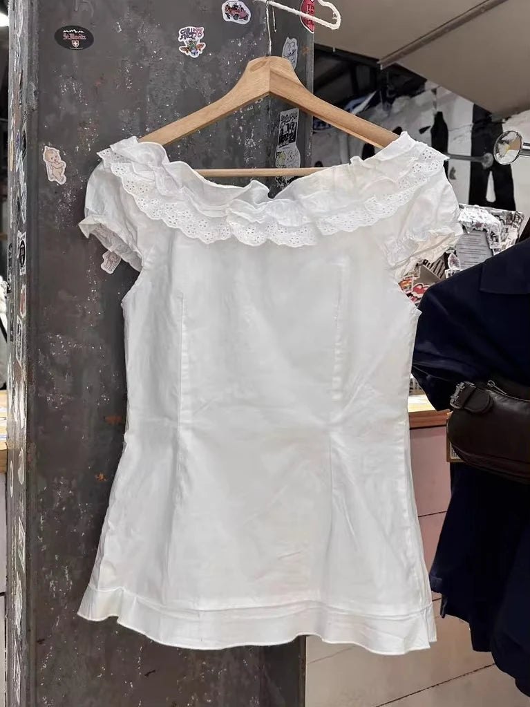 Lace Trim Ruffles Floral Embroidery Tees Blouse Woman Summer Cotton Slash Neck Short Puff Sleeve Shirts Sweet Cute White T-shirt