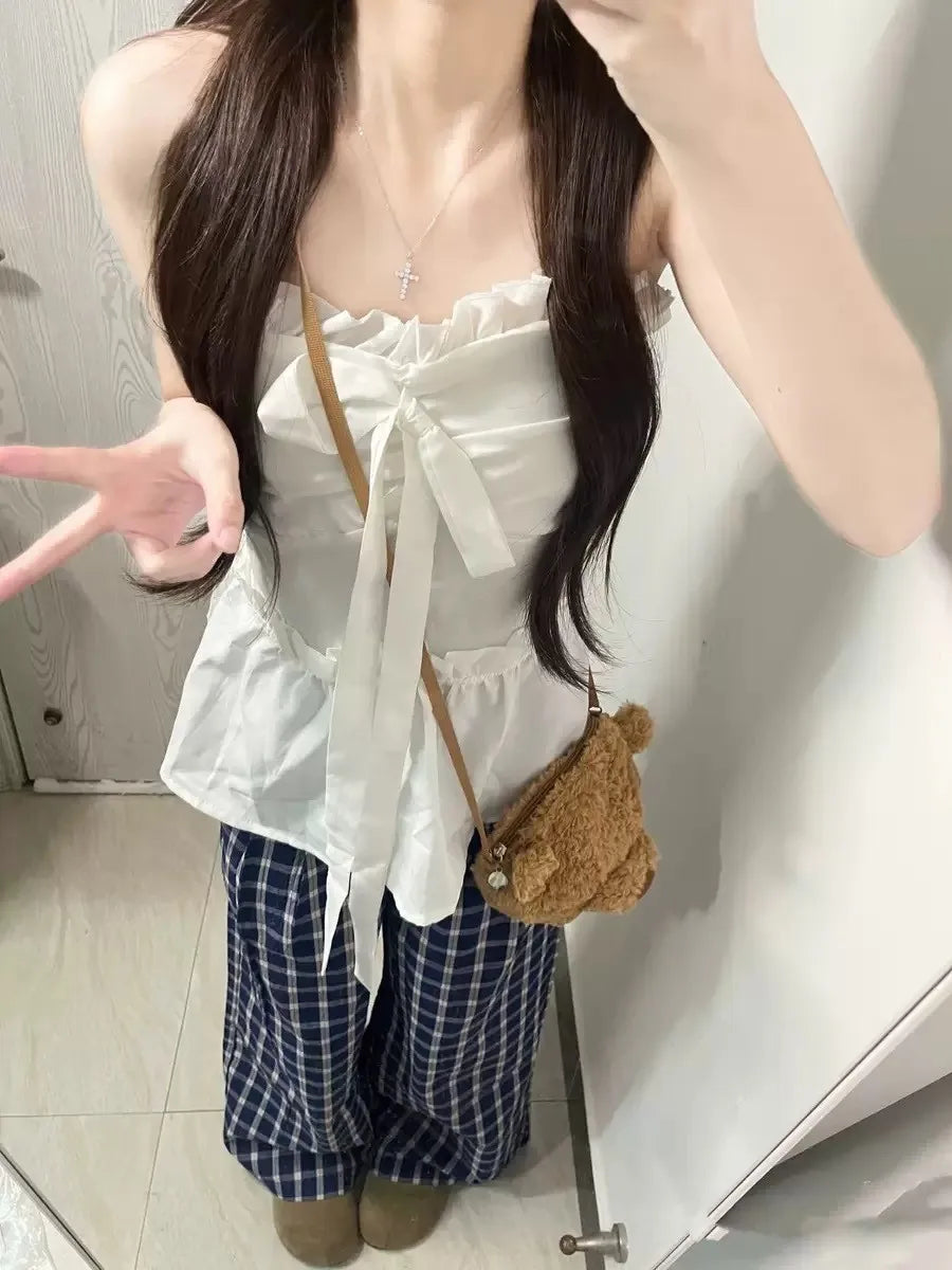 Sexy White Bow Ruffle Tube Top Women Summer New Streetwear Slim Sleeveless Tank Tops Female Sweet Chic Preppy Style Camisole Y2K