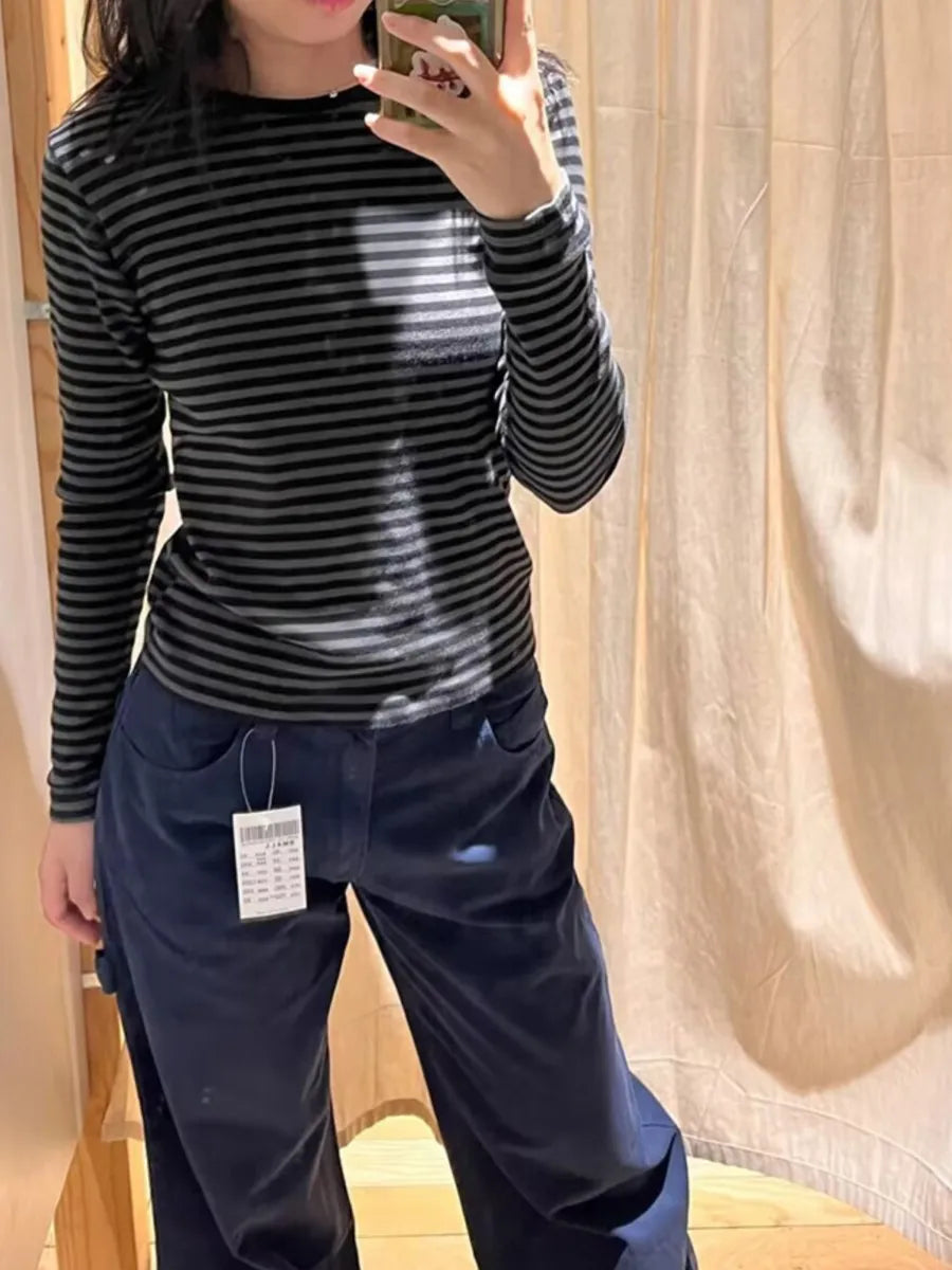 Vintage Striped Long Sleeve T-shirt Woman Spring New Y2K O-Neck Cotton Slim Tshirts Tops Female Cute Preppy Style Tee Shirts