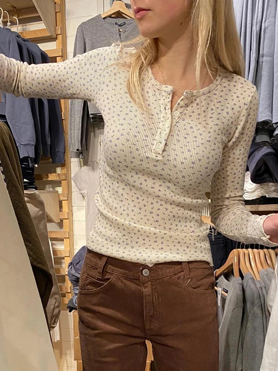 Sweet Waffle Floral Print O-neck T-shirts Women Spring Five Buttons Slim Streetwear Casual Long Sleeve Tees Vintage Cute Y2K Top