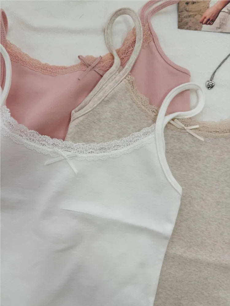 Cute Cotton Soft Lace Trim Tank Tops Women New Summer Solid Chic Bow Slim Cropped Vests Sweet Preppy Style Casual Camisole Y2K