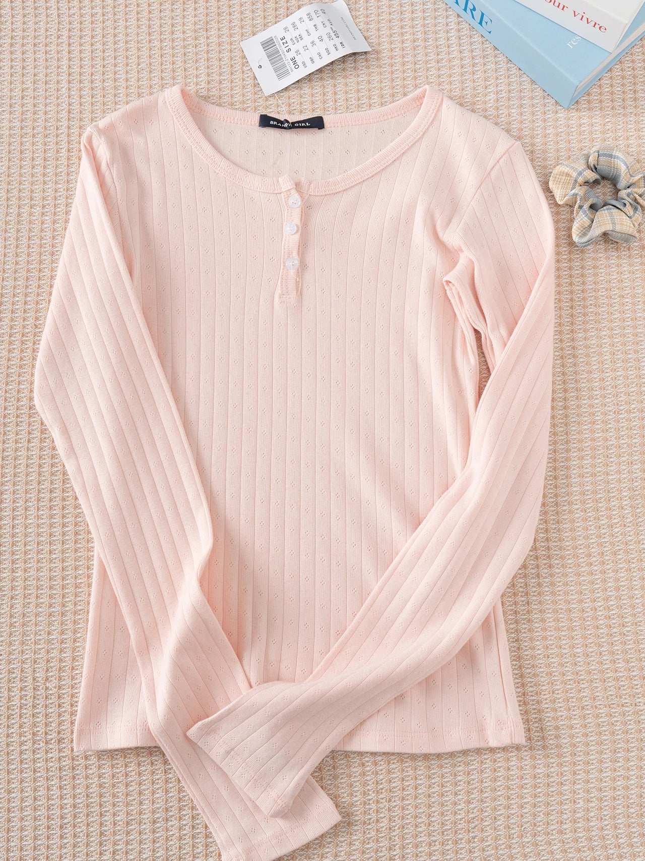 Navy Eyelet Long Sleeve T-Shirt Autumn Three Buttons O-Neck Simple Slim Tee Top for Women Sweet Cute Basic Tshirt Y2k Tops New