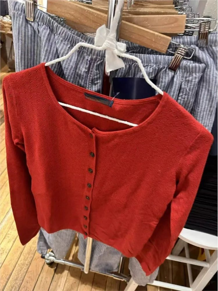 Red Eyelet Cotton Knitted Cardigan Women Autumn New Casual Streetwear  Buttons Long Sleeve Coat Sweet Simple Basic Sweaters Tops