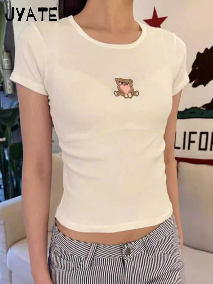 Fashion Heart Bear Embroidery Crop Tops Women 2024 New Cotton Casual Streetwear Short Sleeve Tee Vintage Sweet Cute T-shirts Y2K
