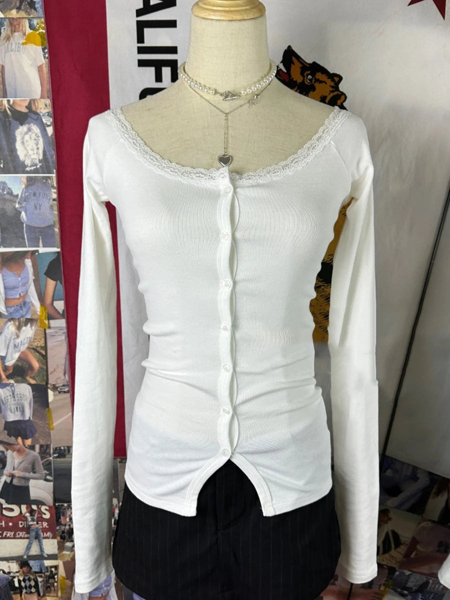 Sweet Floral Lace Trim Long Sleeve T-shirt Women Autumn Sexy Scoop Neck Cotton Slim Tees Vintage Streetwear Chic Tshirt Y2K Tops