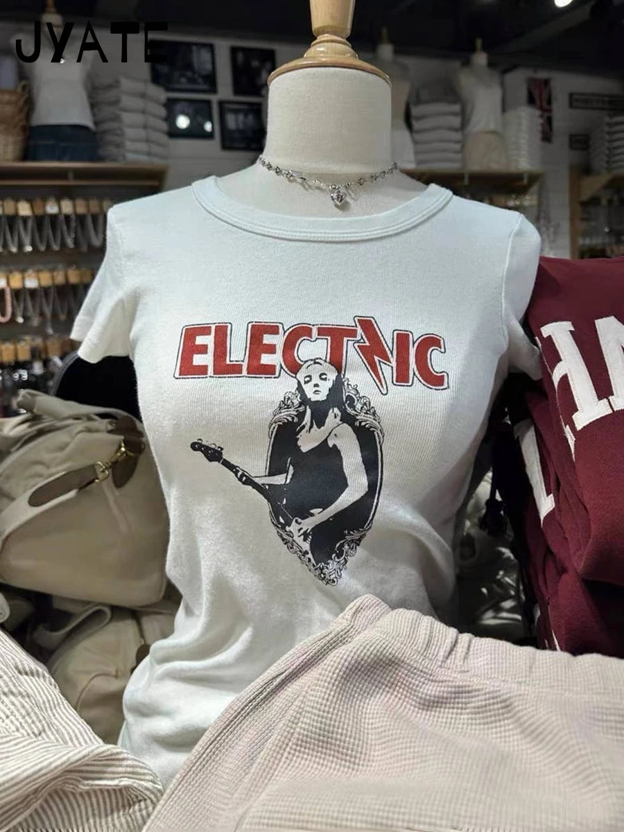 Guitarist Print O-neck Slim T-shirts Women New Cotton Street Simple White Short Sleeve Tops Clothes Vintage Chic Casual Tshirt
