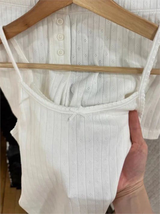 Sweet Lace Trim Eyelet White Slim Tank Tops Women Summer Bow Sleeveless Cotton Preppy Style Camisole Vintage Cute Basic Tops Y2K