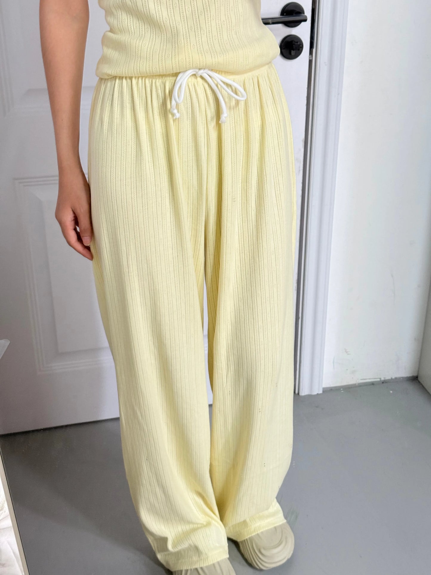 Butter Yellow Eyelet 2 Pieces Sets Women New Cotton Soft Lace Trim Slim Tank Tops+Drawstring Home Long Pant Sweet Pajama Outfits