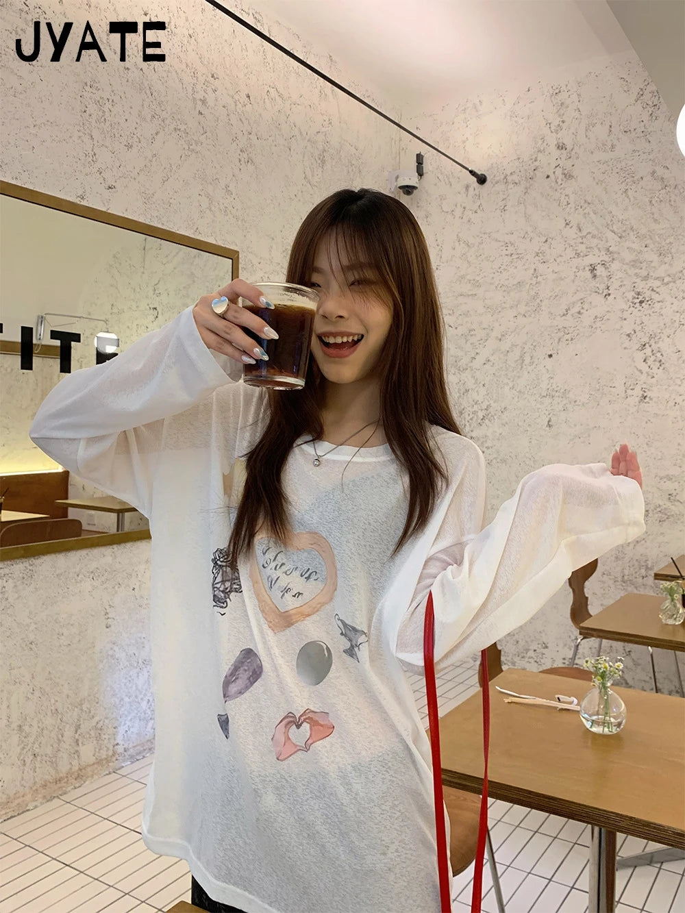 Sweet Graphic Print Long Sleeve Tees Smock Women New Casual White Thin O-neck Tops Clothes Vintage Cute Preppy Style T-shirts