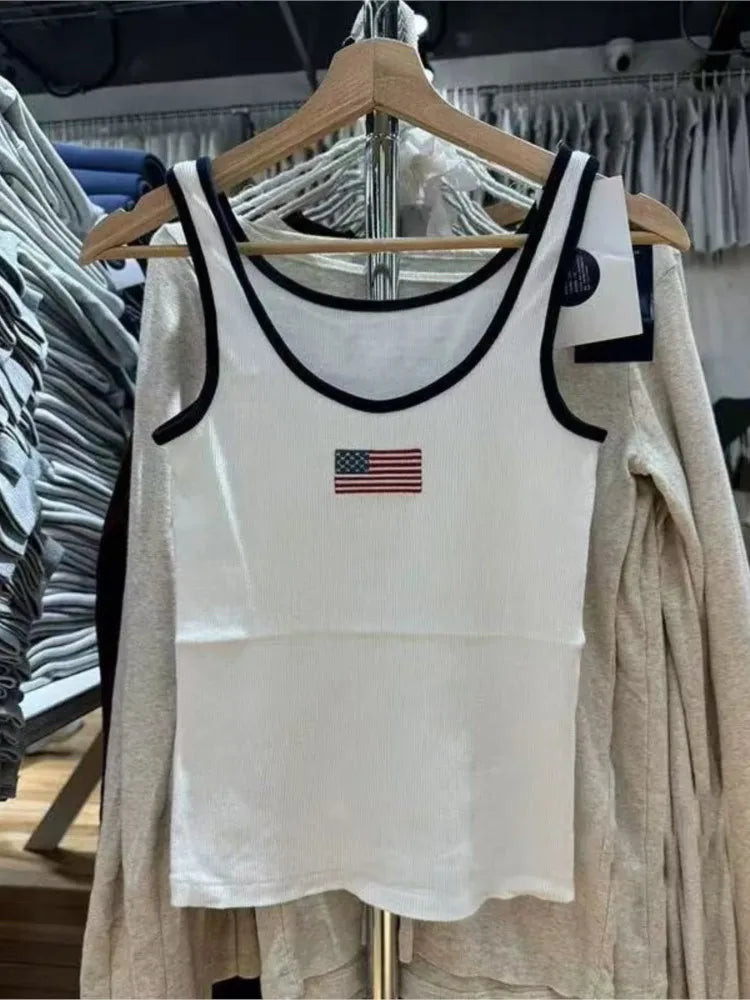 Harajuku Flag Embroidered Ribbed Tank Tops Women Spring New Casual Slim Preppy Style Sleeveless Vests Vintage Chi Y2K Camisole