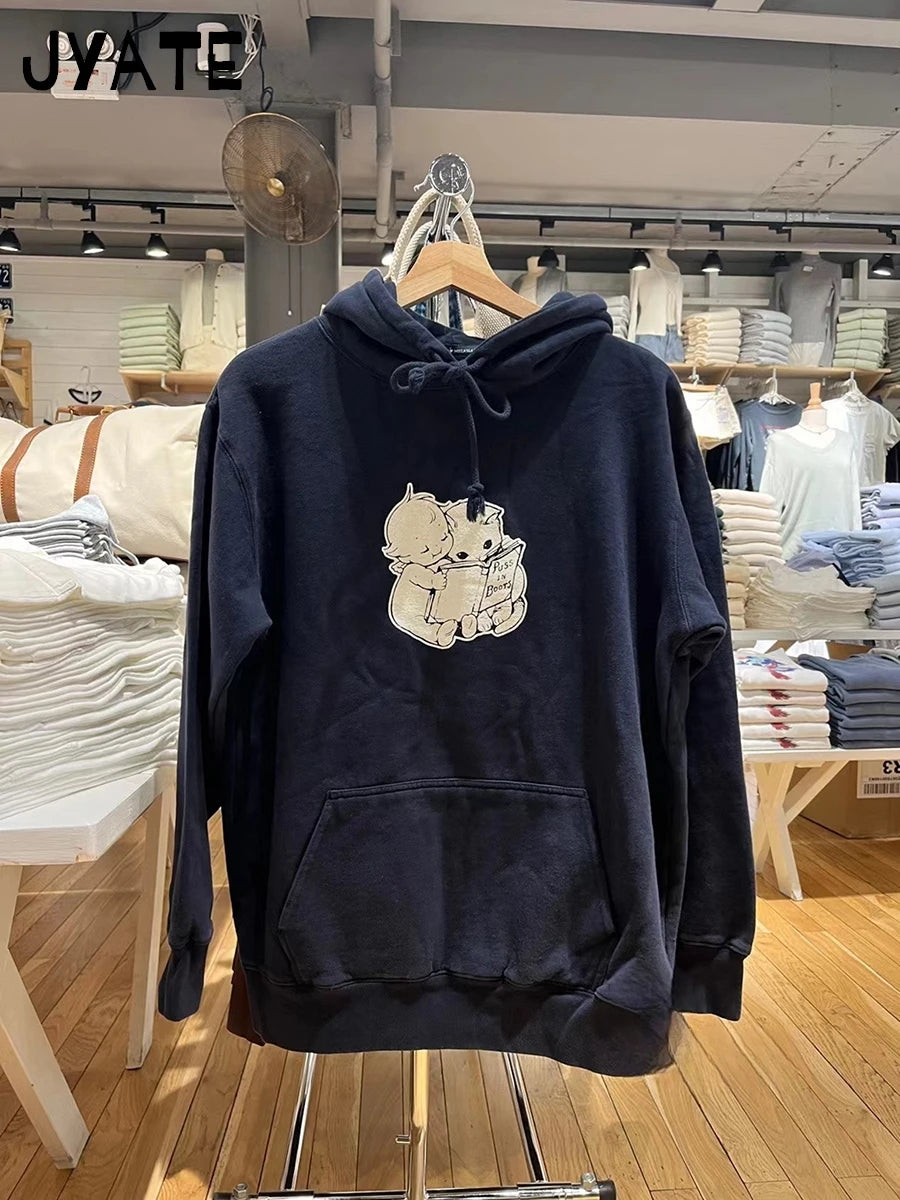 Harajuku Angel Cats Print Hoodies Women Pockets Cotton Soft Casual Streetwear Pullover Tops Vintage Loose Sweet Y2K Sweatshirts