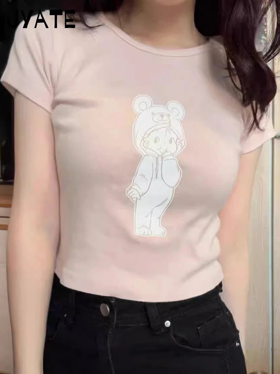 Sweet Angel Bear Print Pink Crop Tops Women New Cotton O-neck Casual Slim Cropped Tees Shirt Cute Preppy Style Chic T-shirts Y2K