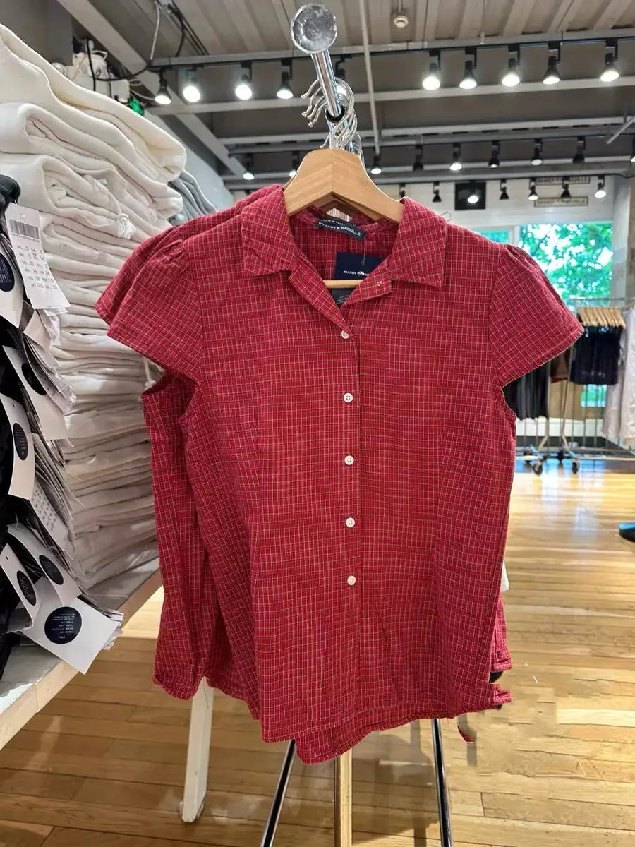 Red Plaid Button Blouse Women Casual Streetwear Cotton Lapel Short Sleeve Tees Vintage Preppy Style Sweet T-shirts Y2K Tops