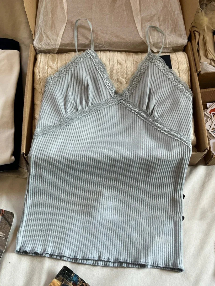 Sweet Lace Trim Blue V-neck Tank Tops Women Summer New Cotton Sleeveless Ribbed Slim Camisole Female Cute Vintage Vests Y2k