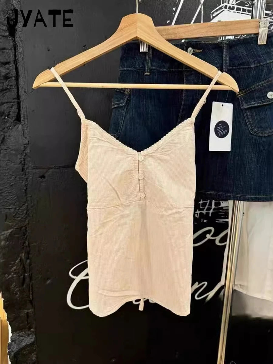 Pink Striped Buttons Tank Tops Women New Casual V-neck Lace Trim Preppy Style Sleeveless Vests Sweet Cute Vintage Camisole Y2K