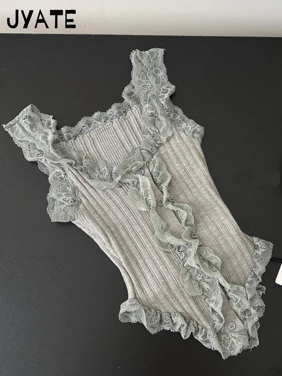 New Lace Trim Square Neck Tank Tops Women Summer Buttons Slim V Hem Cute Sleeveless Cropped Vests Sweet Solid Vintage Camis Y2K