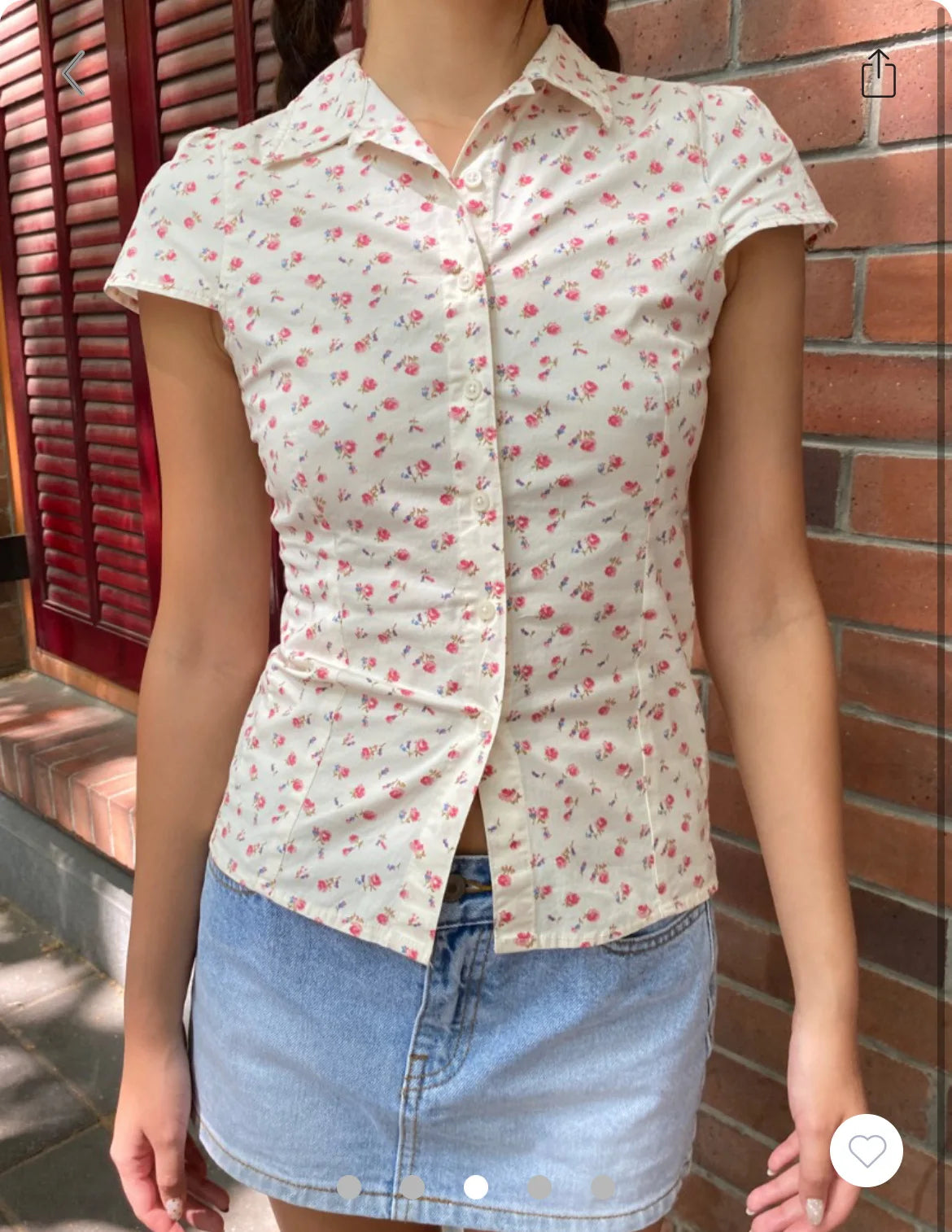 Red Floral Slim T-shirt Blouse Woman New Casual Turn-Down Collar Single Breasted Short Sleeve Tees Vintage Sweet Cute Tshirt Top