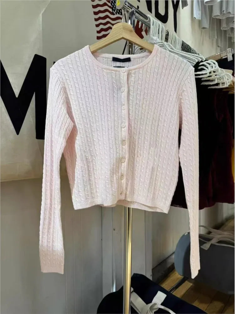 Sweet Pink Twist Flower Sweater Cardigan Woman Autumn O-neck Single Breasted Long Sleeve Crop Top Cotton Cute Chic Knitwear Tops