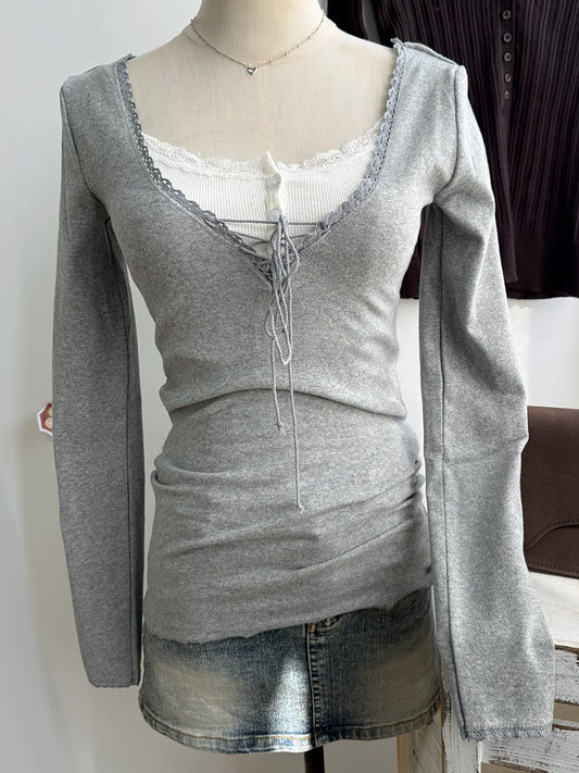 Lace Trim V-neck T-shirts Women Autumn New Sexy Streetwear Slim Lace-up Long Sleeve Tees Sweet Chic Preppy Style Tshirt Y2K