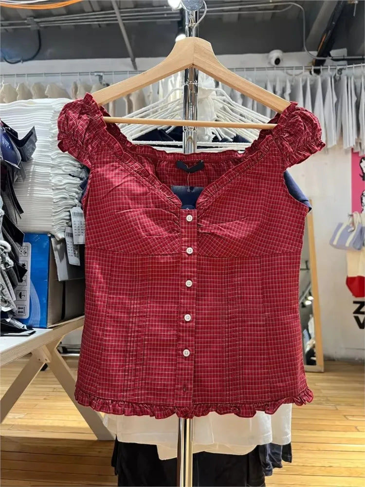 Vintage Red Plaid Folds Blouse Top Women Casual Single Breasted Ruffle Sleeveless Tank Tops Vest Sweet Preppy Style Camisole Y2K