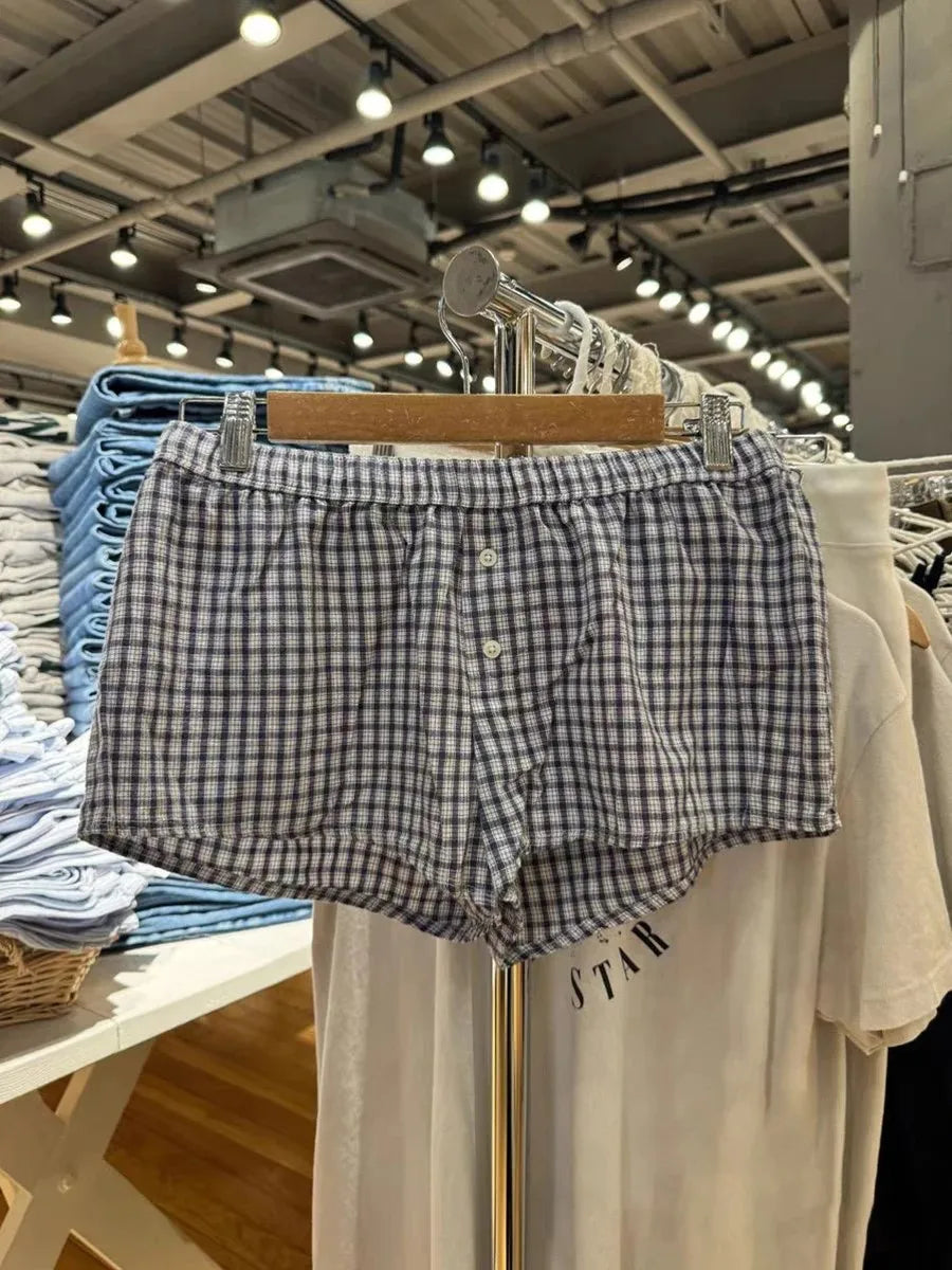 Plaid Buttons Blouse T-shirt Short Sets Women Slim Short Sleeve Tees+Straight Sweatshorts Sweet Home Pajama 2 Piece Outfits Y2K