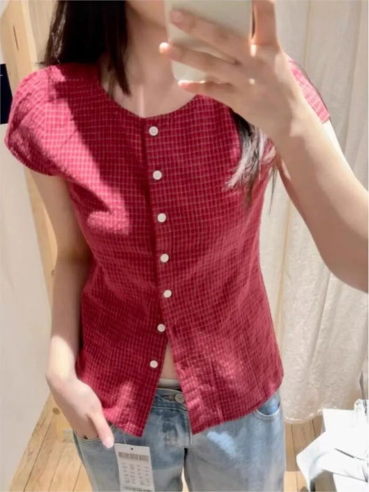 American Retro Red Plaid Blouse Women Summer New Single breasted Short Sleeve Tees Tshirts Sweet Vintage Streetwear Blouses Top