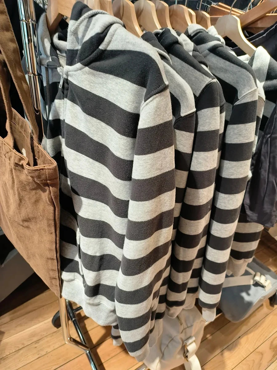 Classic Striped Patchwork Zip-up Hoodie Women Cotton Loose Pocket Drawstring Jacket Tops Vintage Loose Y2K Chic Sweatshirts Coat