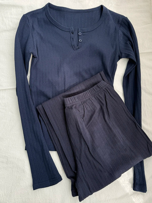 Eyelet 2 Piece Sets Women Navy Buttons Cotton Long Sleeve Tee+Elastic Waist Straight Trousers Home Sweet T-shirt Pant Pajama Set