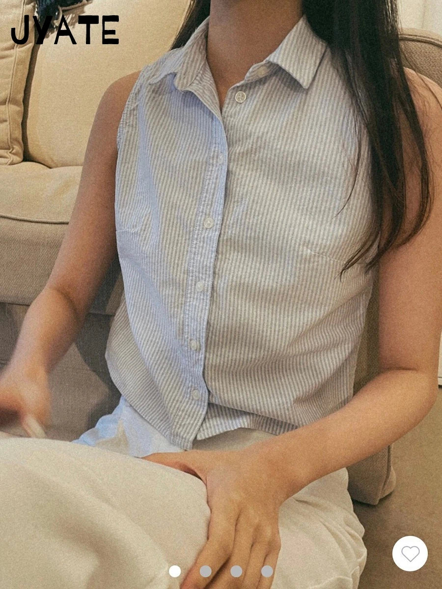 Fashion Blue Striped Tank Tops Women New Casual Turn down Neck Cropped Sleeveless Vests Preppy Style Vintage Chic Crop Tops Y2K