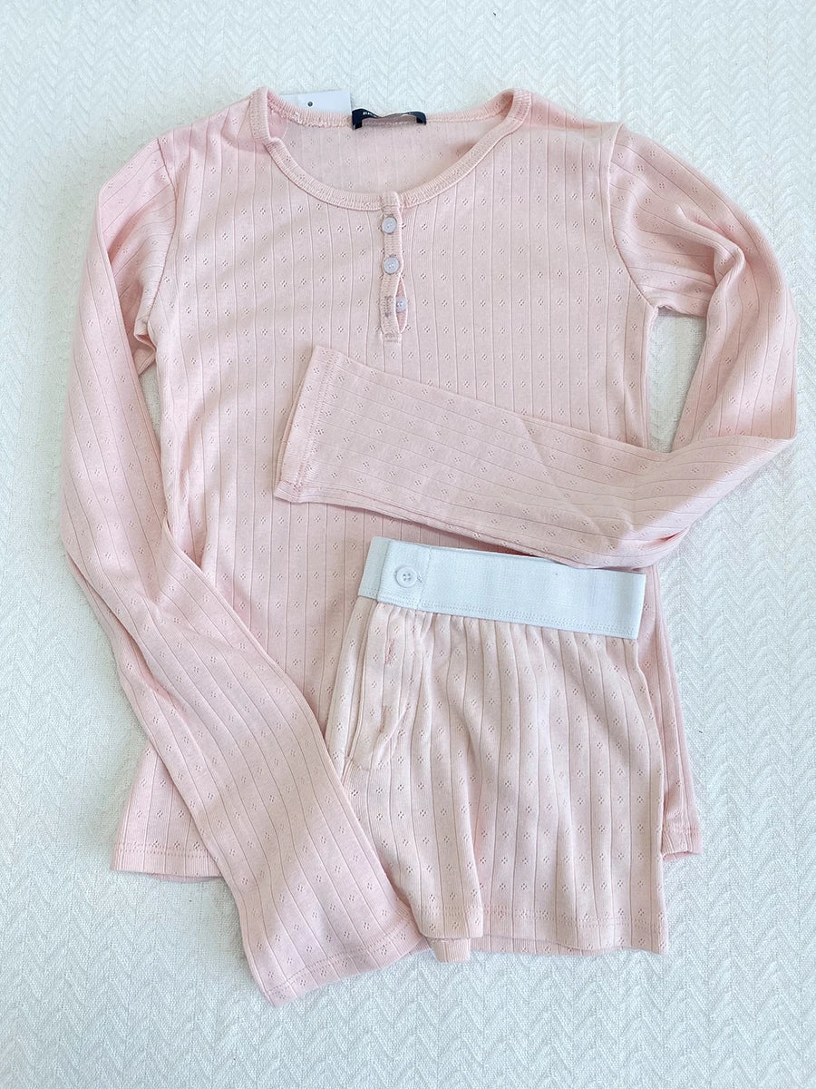 Sweet Eyelet Long Sleeve T-shirt Shorts Set Women Cotton Buttons Home Pajama 2 Piece Sets Slim Tees+Elastic Straight Sweatshort