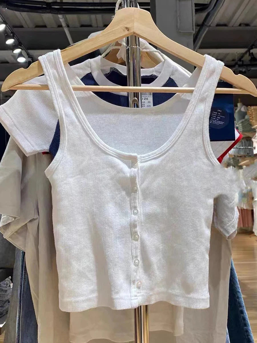 Red Vintage Buttons Slim Vests Women Summer Cotton Simple Basic Casual Sleeveless Tank Tops Sweet Streetwear Chic Cute Camis Y2K