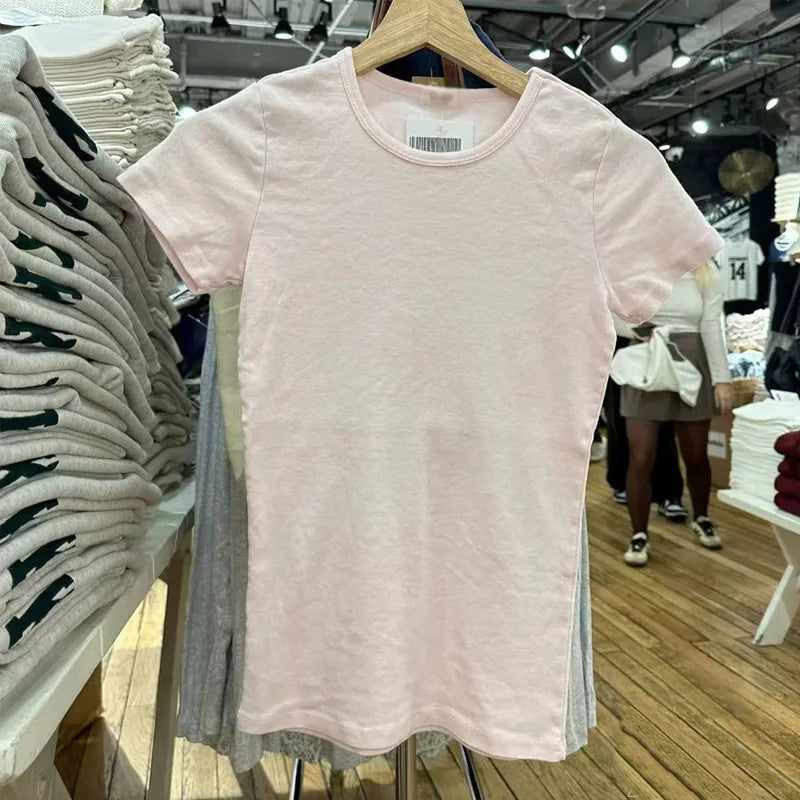 Sweet Pink Striped Slim T-shirt Women Spring Round Neck Cotton Short Sleeve Tee Shirts Female Cute Preppy Style Y2K T shirts New