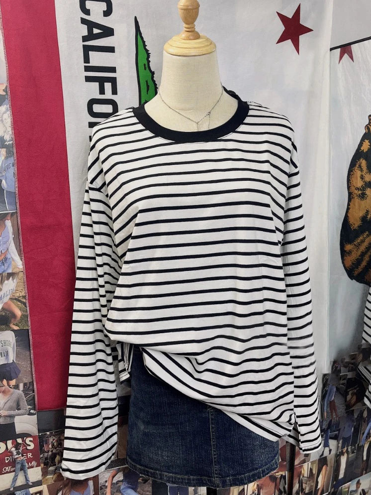 Casual Striped Long Sleeve T-shirt Woman Autumn Y2K Round Neck Cotton Basic Tee Shirt Vintage Streetwear Sweet Tshirts New Tops