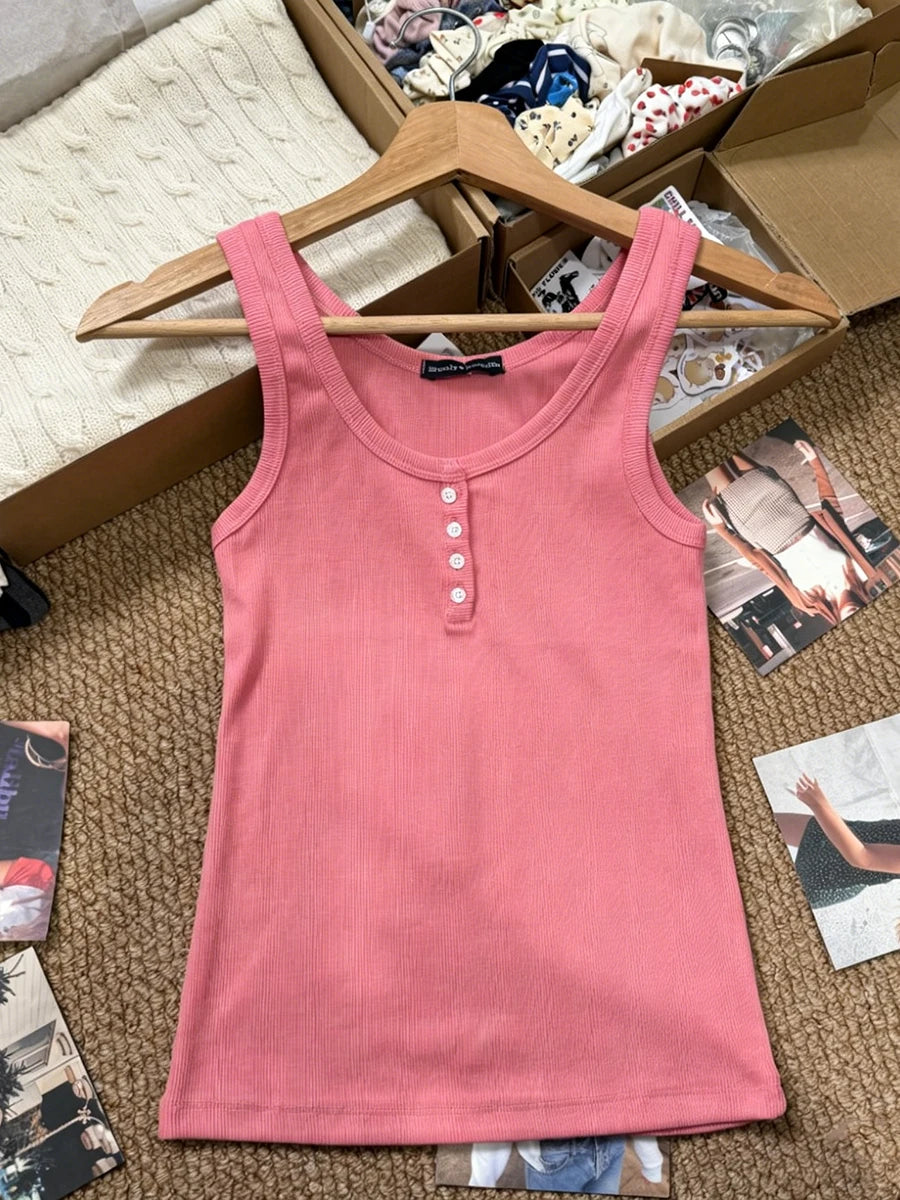 Solid Ribbed Slim Tank Tops Women Streetwear Simple Basic Cotton Buttons Sleeveless Top Female Casual Sweet All-match Y2k Vest