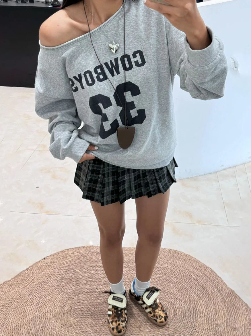 Cowboys 33 Print Loose Sweatshirt Women Raw Hem Slash Neck Cotton Long Sleeve Pullover Tops American Vintage Streetwear Hoodie