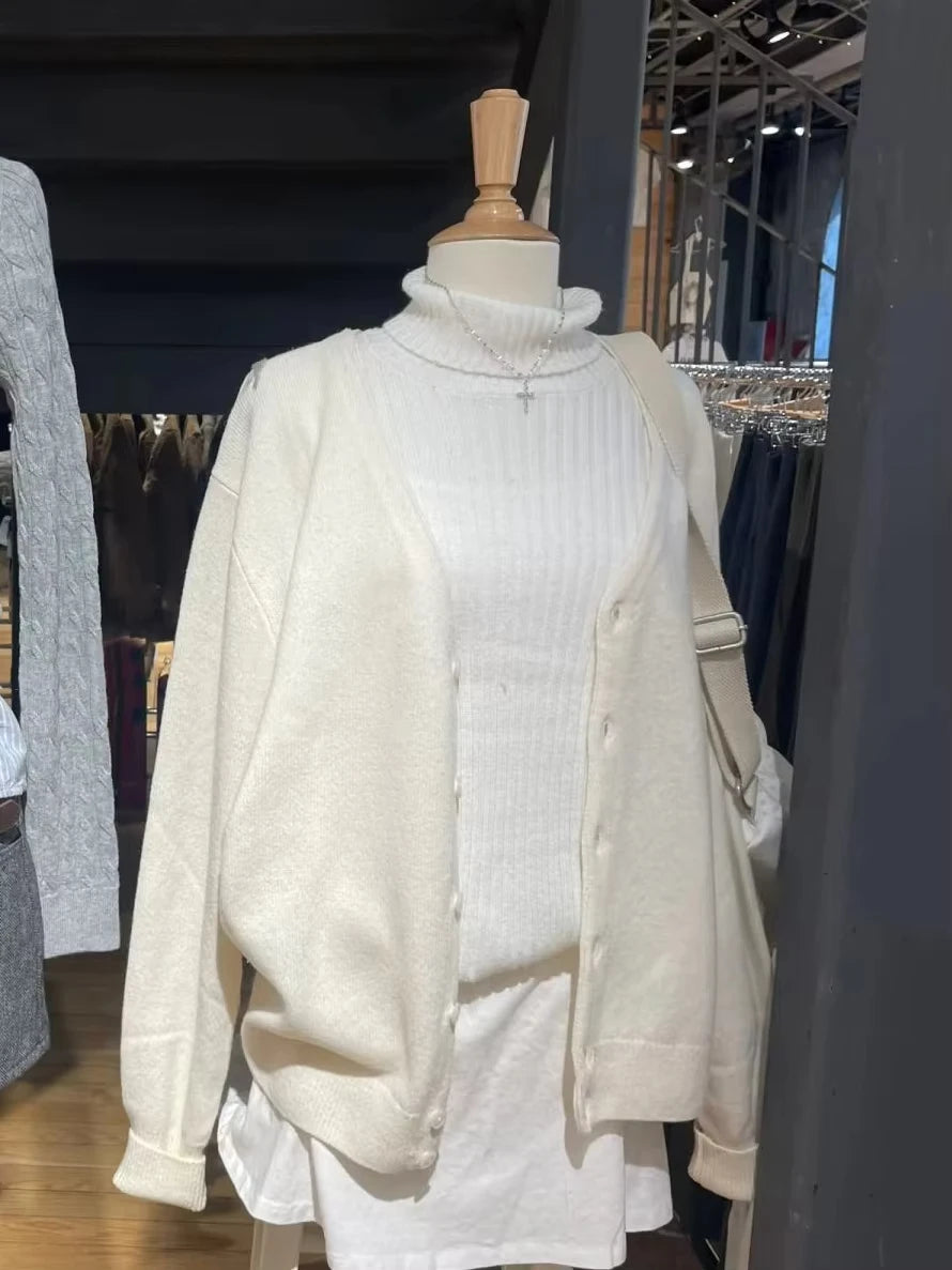 Beige Knitted Sweater Cardigan Woman Autumn V-neck Long Sleeve Cotton Knitwear Female Casual Simple All-match Sweet Sweaters Top