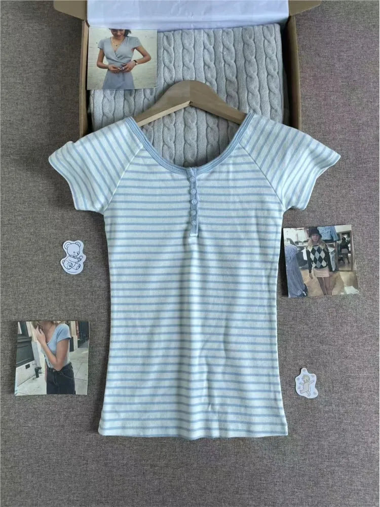 Blue Striped Button T-shirts Women Cotton Slim Preppy Style Simple Crew Neck Short Sleeve Tees Sweet Cute Fashion Y2K Tshirts